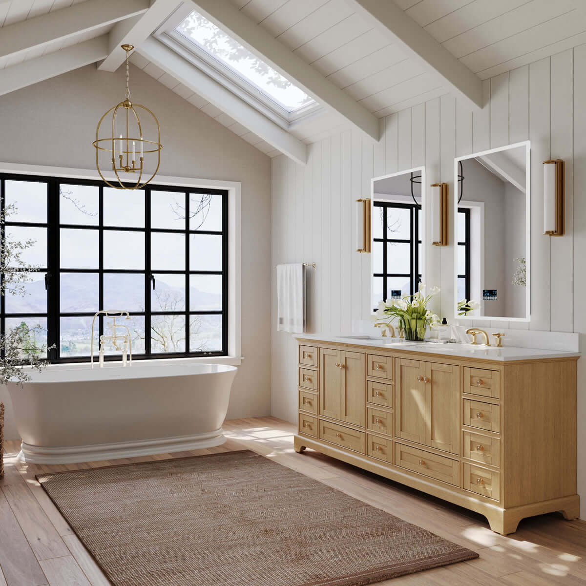 Audrey 84" Black, White, or Oak Solid Wood Vanities - Alpine White Quartz Tops - by Ancerre Designs - Perfect Makeup Mirrors