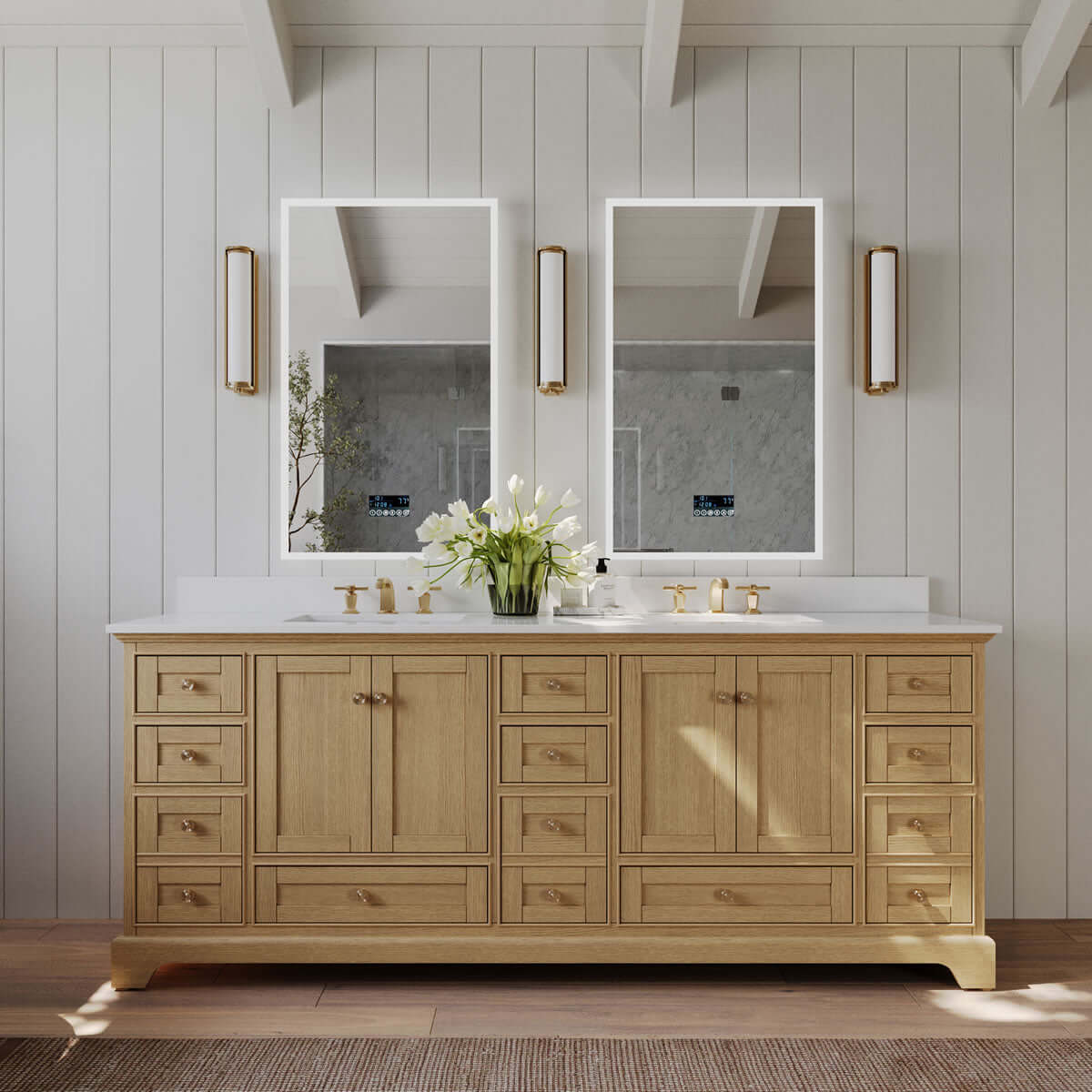 Audrey 84" Black, White, or Oak Solid Wood Vanities - Alpine White Quartz Tops - by Ancerre Designs - Perfect Makeup Mirrors