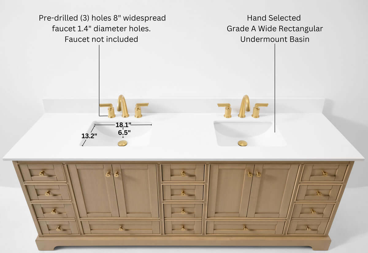 Audrey 84" Black, White, or Oak Solid Wood Vanities - Alpine White Quartz Tops - by Ancerre Designs - Perfect Makeup Mirrors