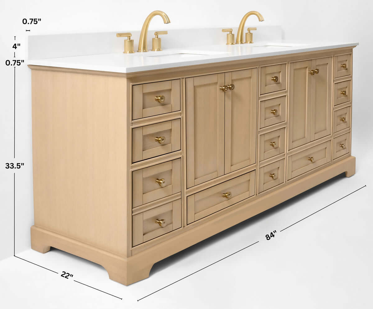 Audrey 84" Black, White, or Oak Solid Wood Vanities - Alpine White Quartz Tops - by Ancerre Designs - Perfect Makeup Mirrors