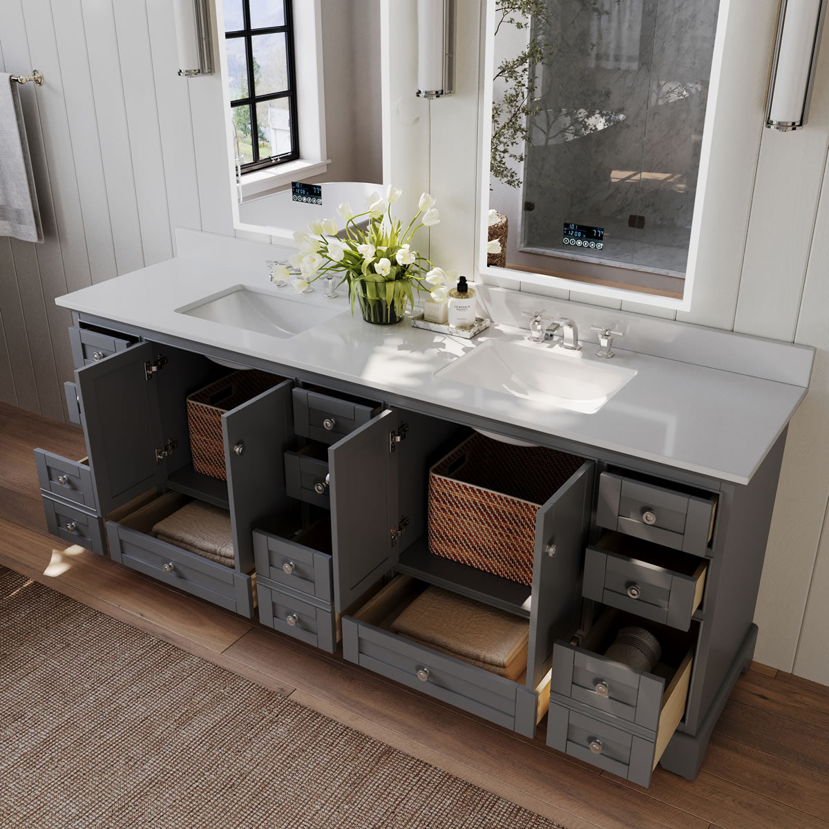 Audrey 84" White or Grey Solid Wood Vanities - Alpine White Quartz Tops - by Ancerre Designs