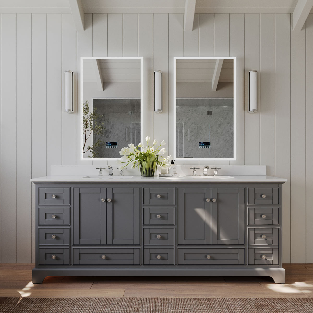 Audrey 84" White or Grey Solid Wood Vanities - Alpine White Quartz Tops - by Ancerre Designs