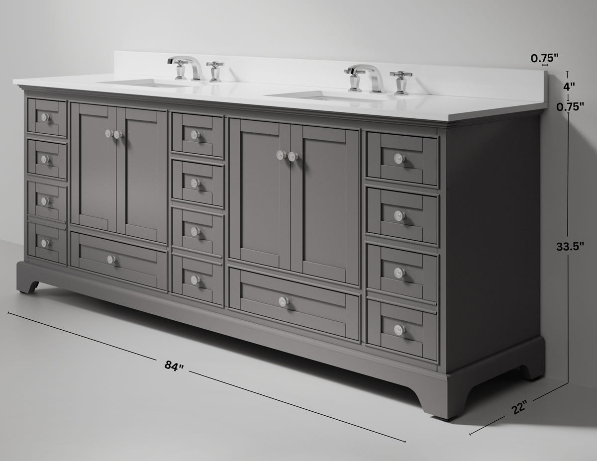 Audrey 84" White or Grey Solid Wood Vanities - Alpine White Quartz Tops - by Ancerre Designs