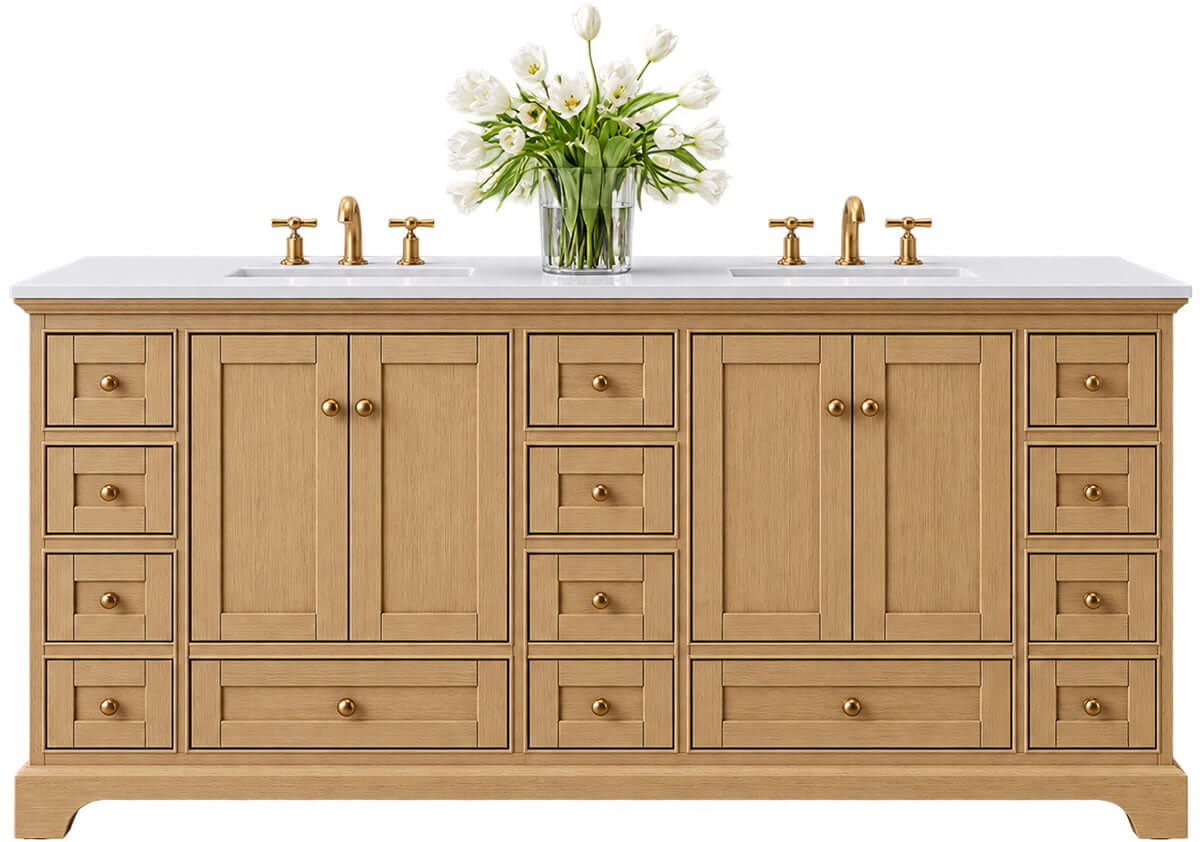 Audrey 84" Black, White, or Oak Solid Wood Vanities - Alpine White Quartz Tops - by Ancerre Designs - Perfect Makeup Mirrors