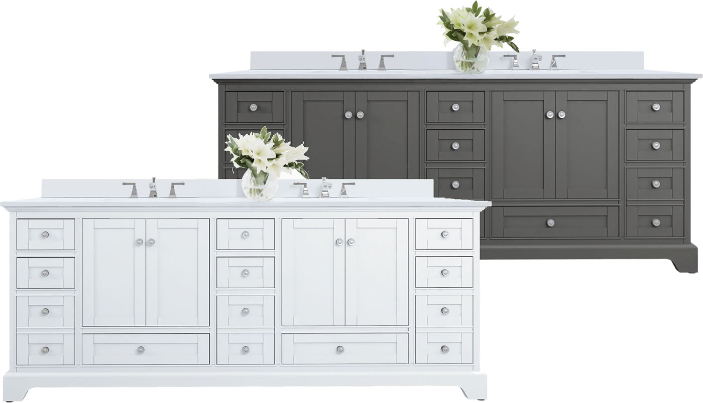 Audrey 84" White or Grey Solid Wood Vanities - Alpine White Quartz Tops - by Ancerre Designs