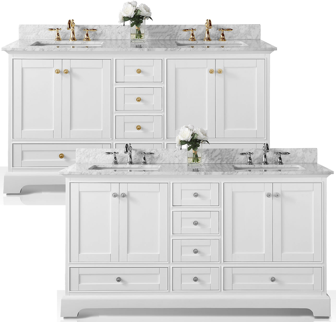 Audrey 60" & 66" White Solid Wood Vanities - Italian Carrara Marble Tops - by Ancerre Design