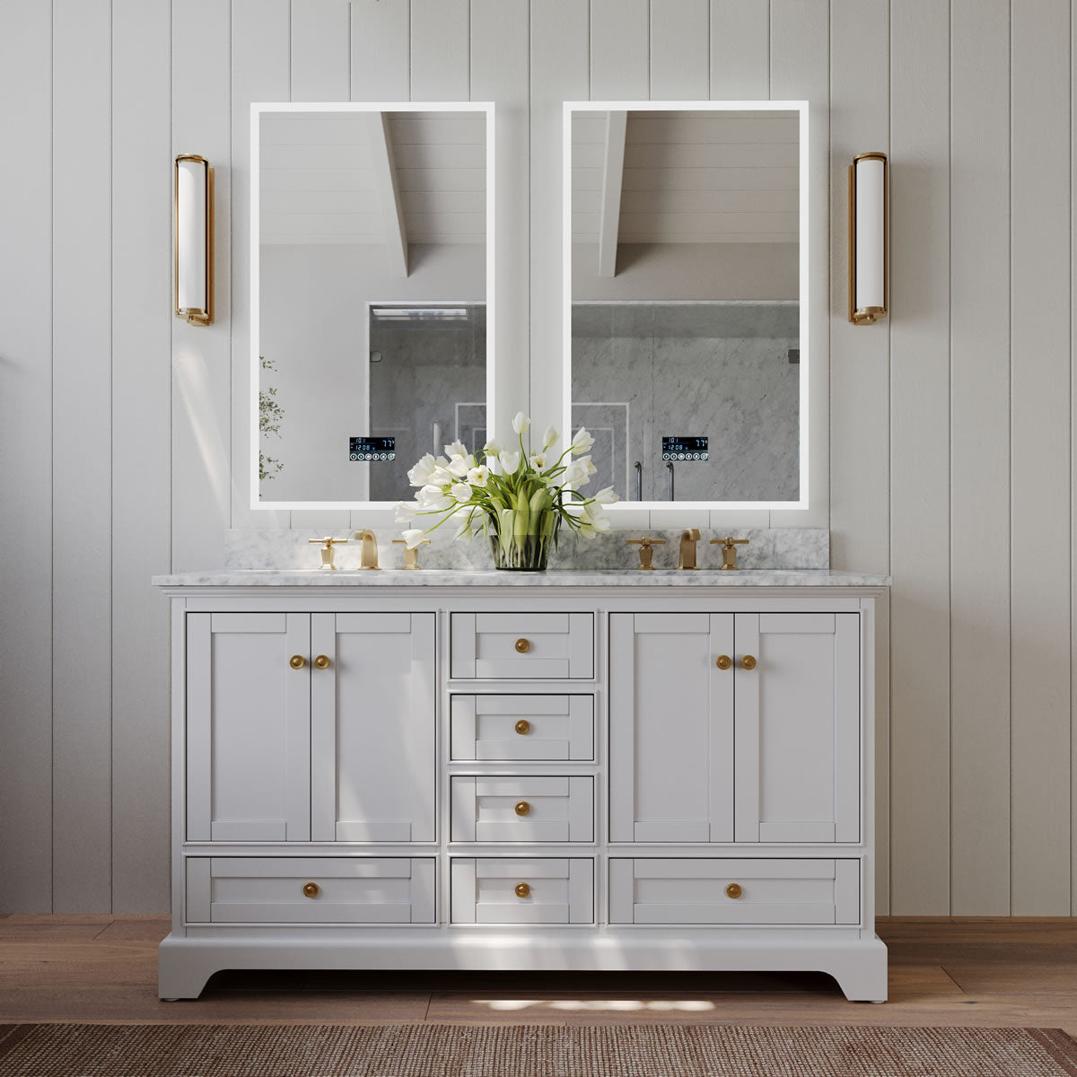 Audrey 60" & 66" White Solid Wood Vanities - Italian Carrara Marble Tops - by Ancerre Design