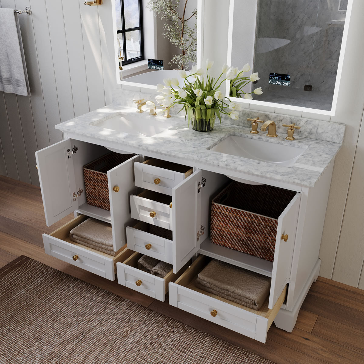 Audrey 60" & 66" White Solid Wood Vanities - Italian Carrara Marble Tops - by Ancerre Design