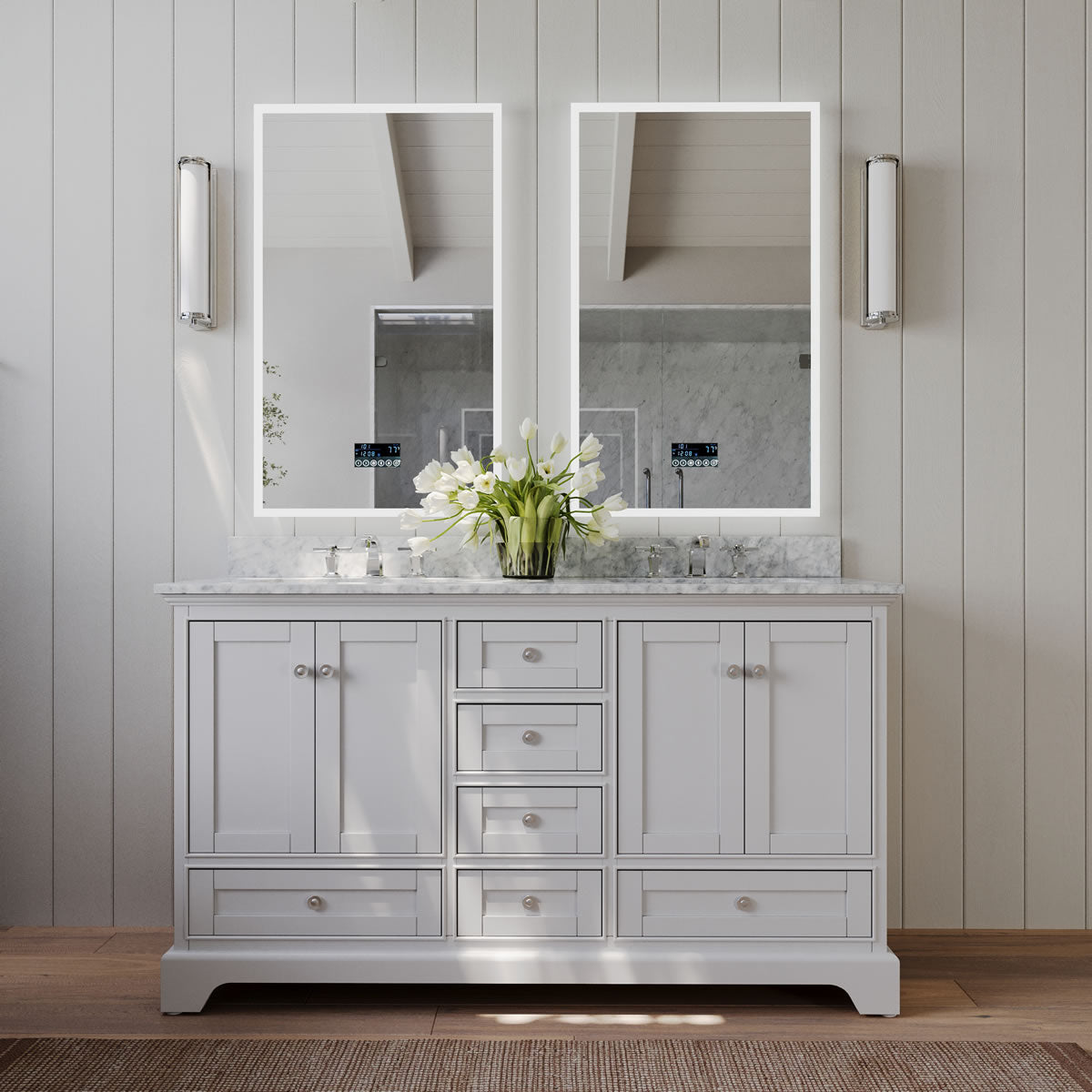 Audrey 60" & 66" White Solid Wood Vanities - Italian Carrara Marble Tops - by Ancerre Design