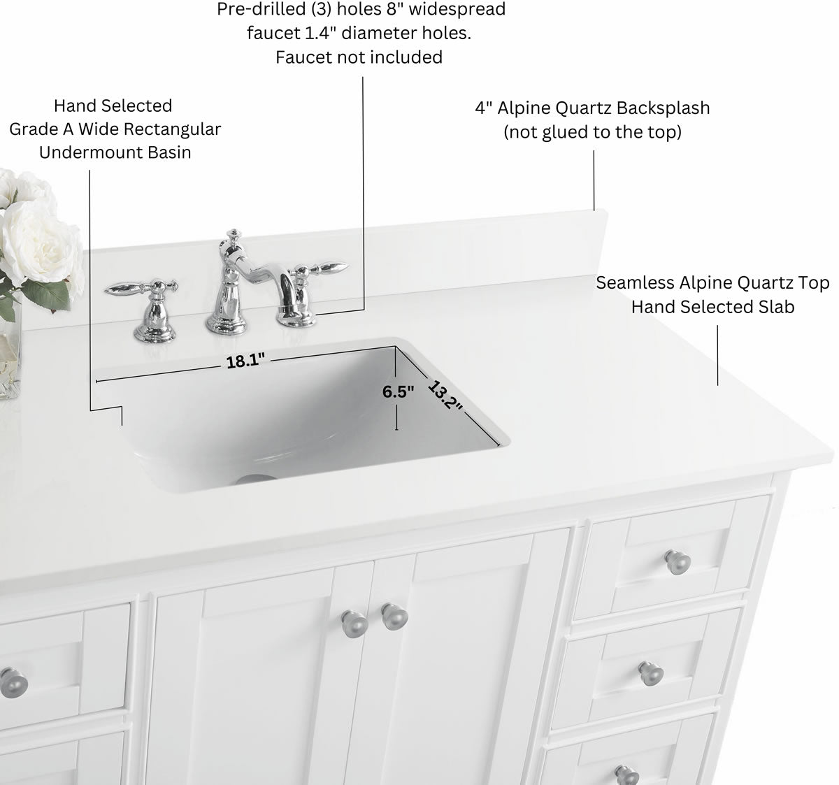 Audrey 60" & 66" White Solid Wood Vanities - Italian Carrara Marble Tops - by Ancerre Design