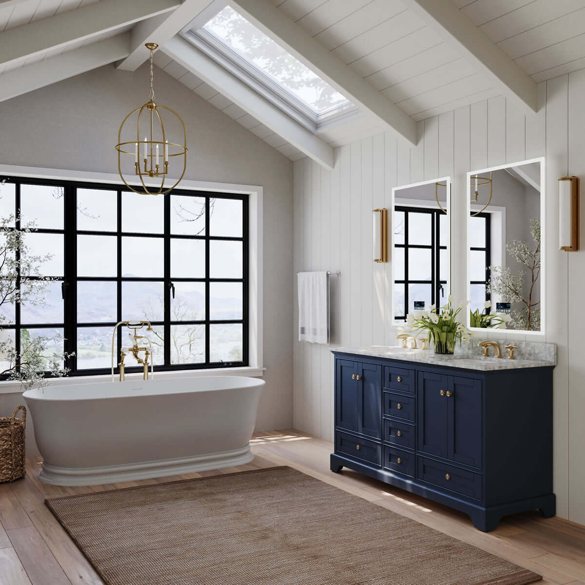 Audrey 60" & 66" Blue or Oak Solid Wood Vanities - Marble or Quartz Tops, Gold or Nickel Hardware - by Ancerre Design