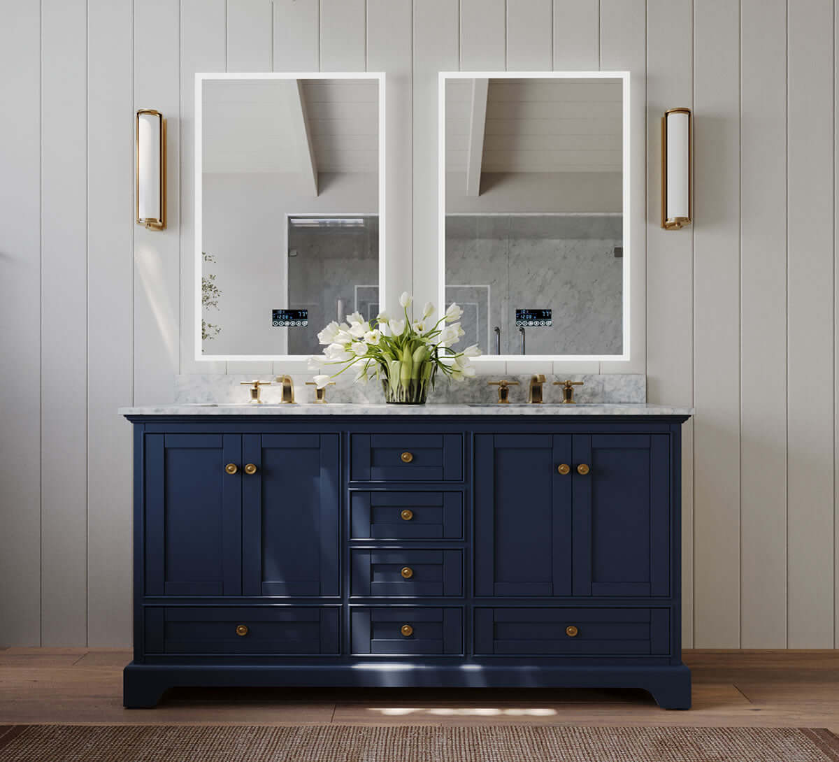 Audrey 60" & 66" Blue or Oak Solid Wood Vanities - Marble or Quartz Tops, Gold or Nickel Hardware - by Ancerre Design