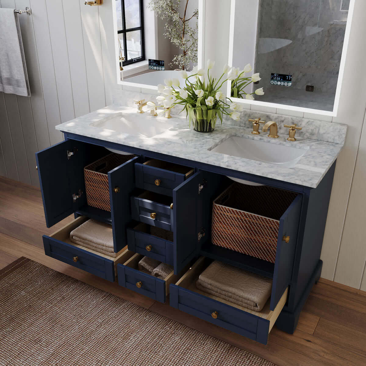 Audrey 60" & 66" Blue or Oak Solid Wood Vanities - Marble or Quartz Tops, Gold or Nickel Hardware - by Ancerre Design