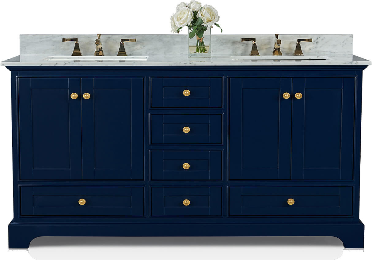 Audrey 60" & 66" Blue or Oak Solid Wood Vanities - Marble or Quartz Tops, Gold or Nickel Hardware - by Ancerre Design