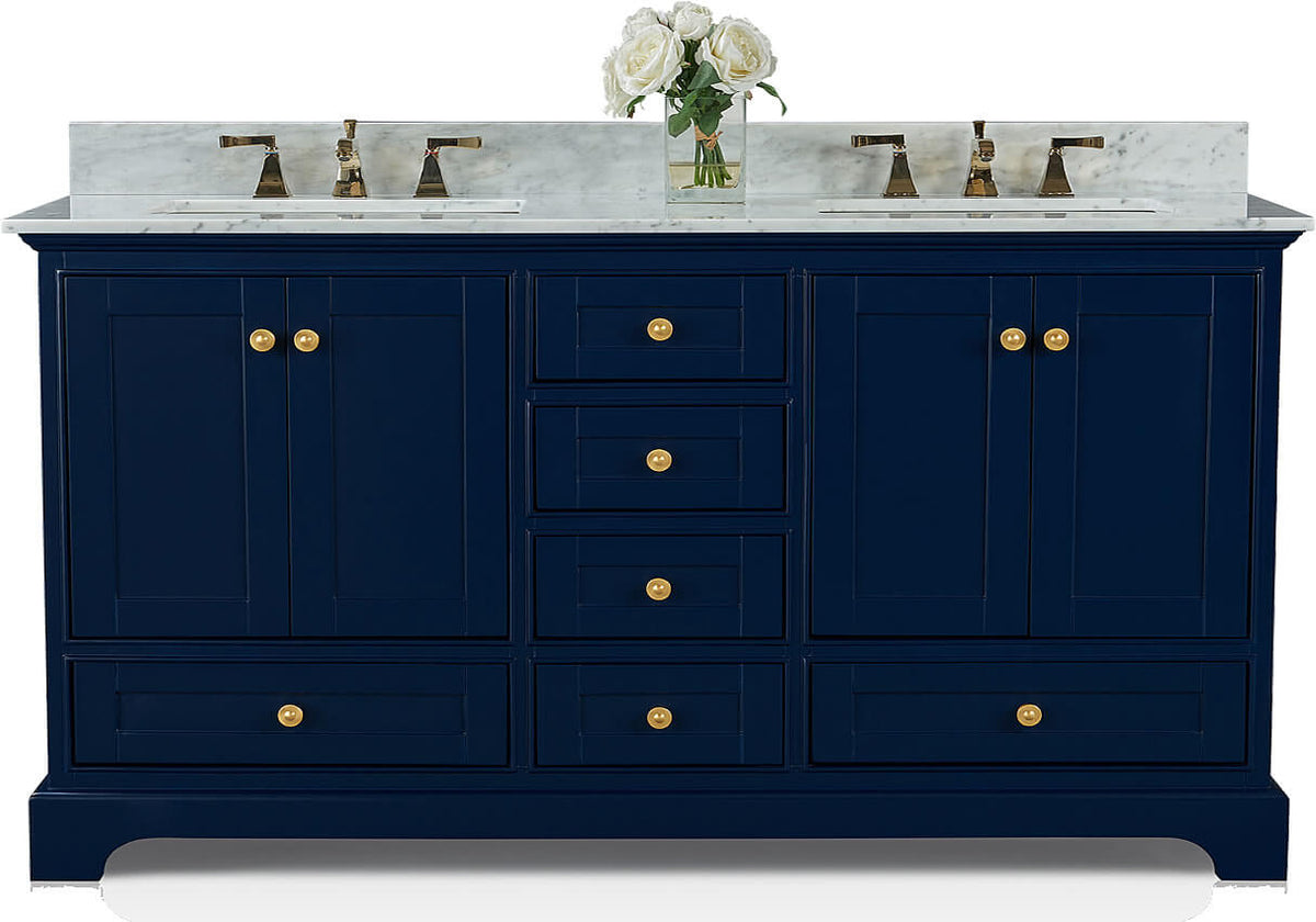 Audrey 72" Black, White, or Blue Solid Wood Vanities - Carrara Marble Tops, Gold Hardware - by Ancerre Design - Perfect Makeup Mirrors