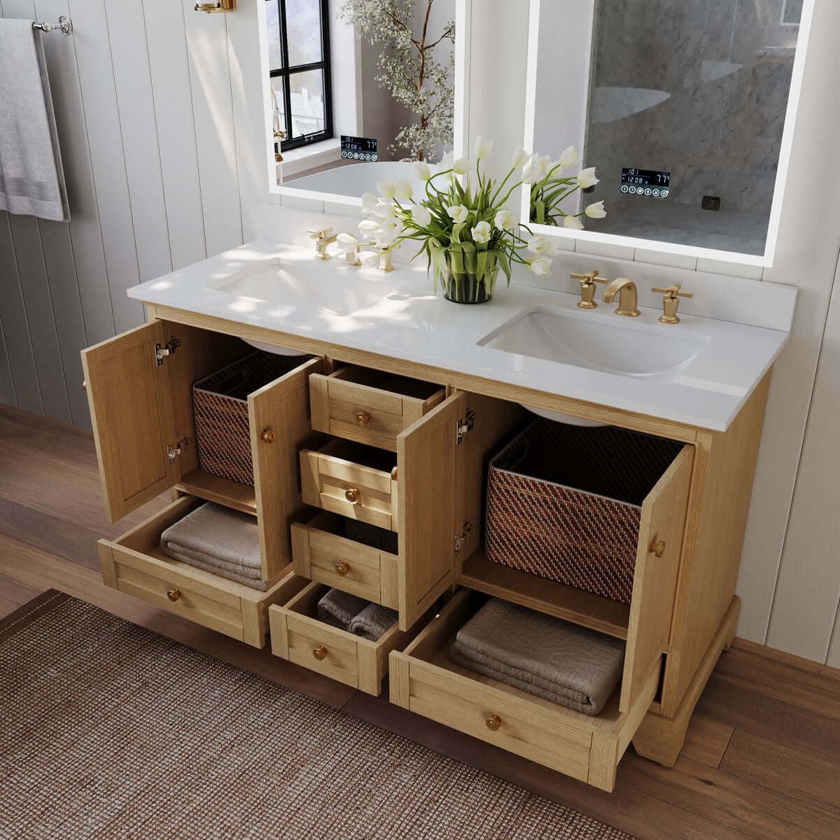 Audrey 60" & 66" Blue or Oak Solid Wood Vanities - Marble or Quartz Tops, Gold or Nickel Hardware - by Ancerre Design