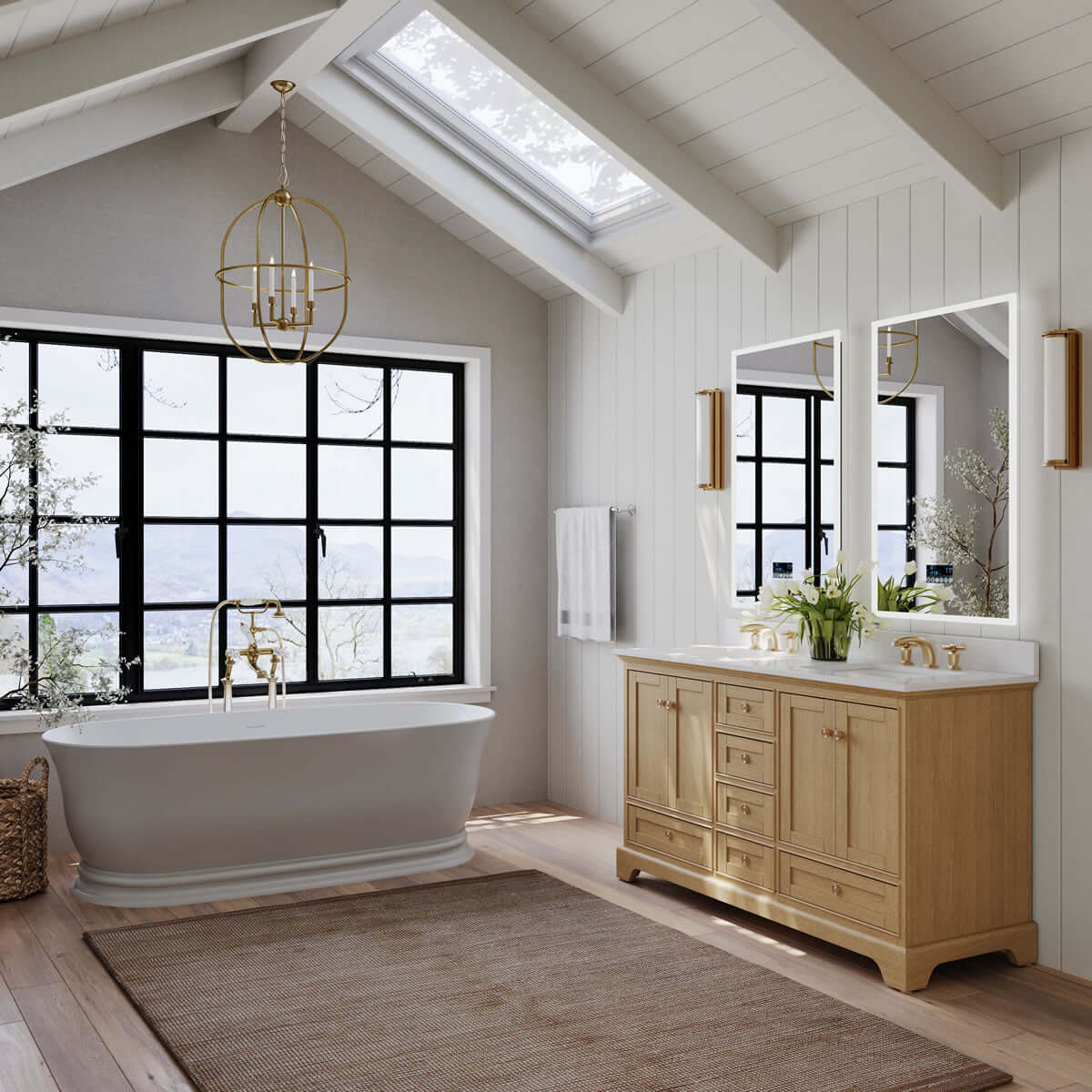 Audrey 60" & 66" Blue or Oak Solid Wood Vanities - Marble or Quartz Tops, Gold or Nickel Hardware - by Ancerre Design
