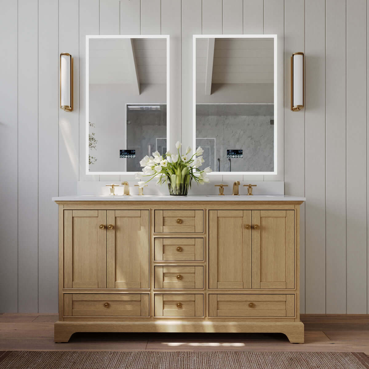 Audrey 60" & 66" Blue or Oak Solid Wood Vanities - Marble or Quartz Tops, Gold or Nickel Hardware - by Ancerre Design