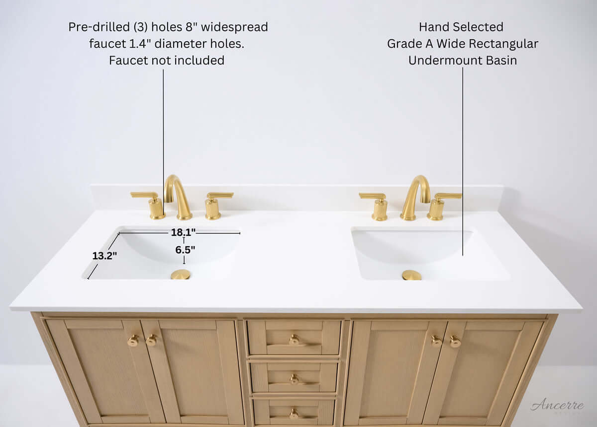 Audrey 60" & 66" Blue or Oak Solid Wood Vanities - Marble or Quartz Tops, Gold or Nickel Hardware - by Ancerre Design