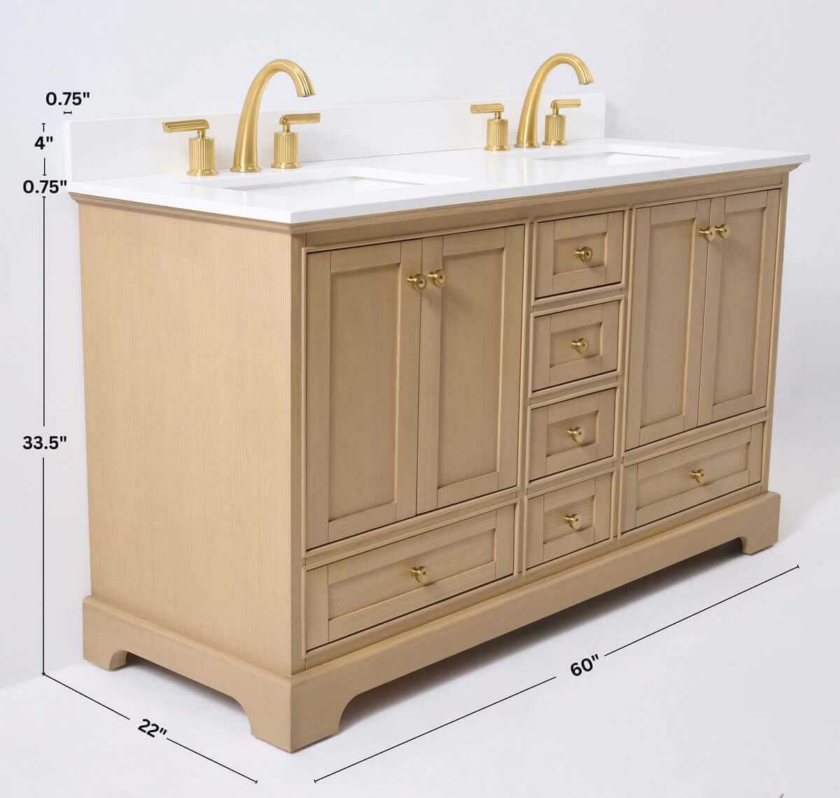 Audrey 60" & 66" Blue or Oak Solid Wood Vanities - Marble or Quartz Tops, Gold or Nickel Hardware - by Ancerre Design