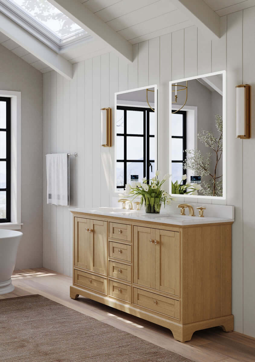 Audrey 60" & 66" Blue or Oak Solid Wood Vanities - Marble or Quartz Tops, Gold or Nickel Hardware - by Ancerre Design