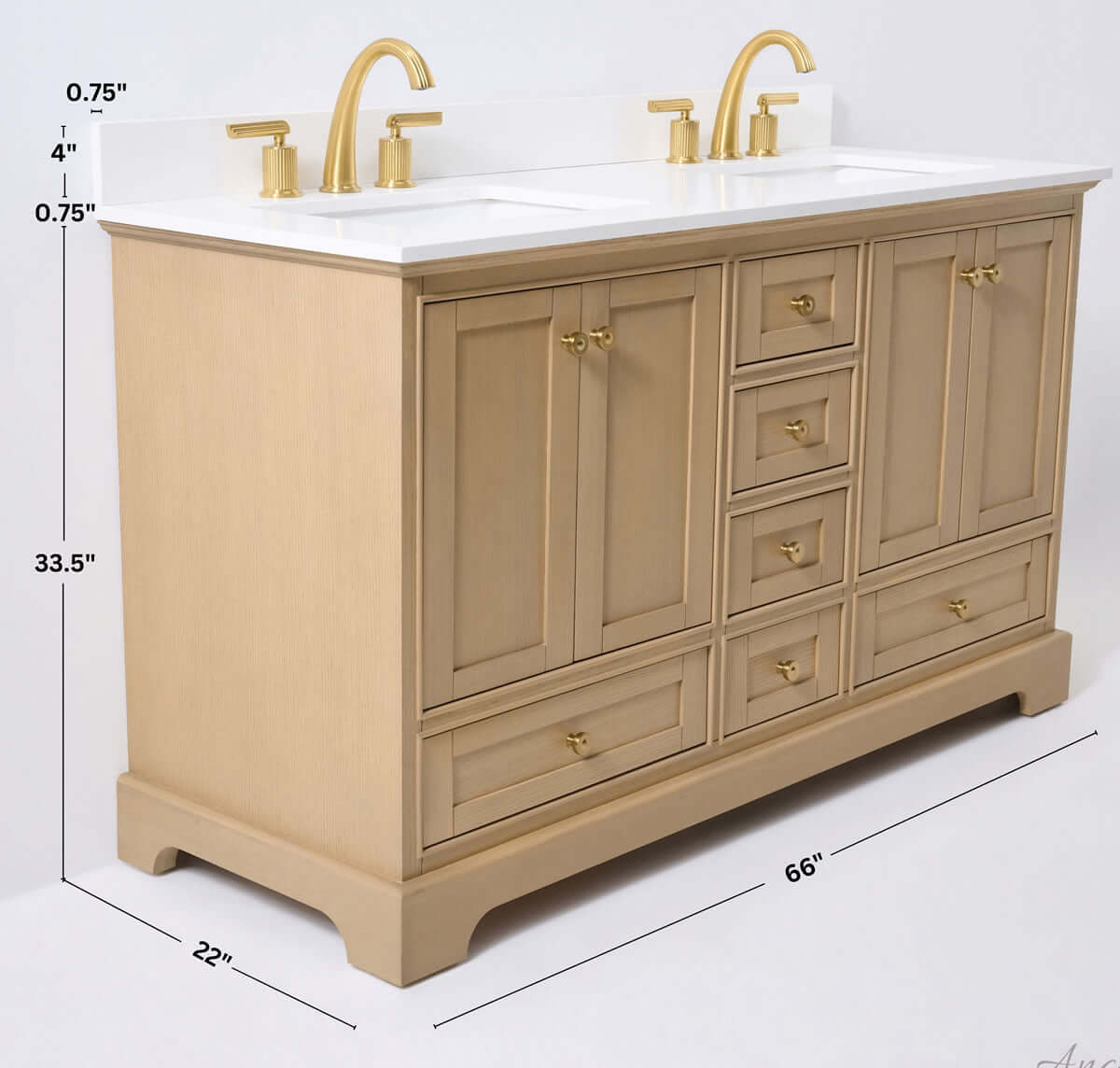 Audrey 60" & 66" Blue or Oak Solid Wood Vanities - Marble or Quartz Tops, Gold or Nickel Hardware - by Ancerre Design