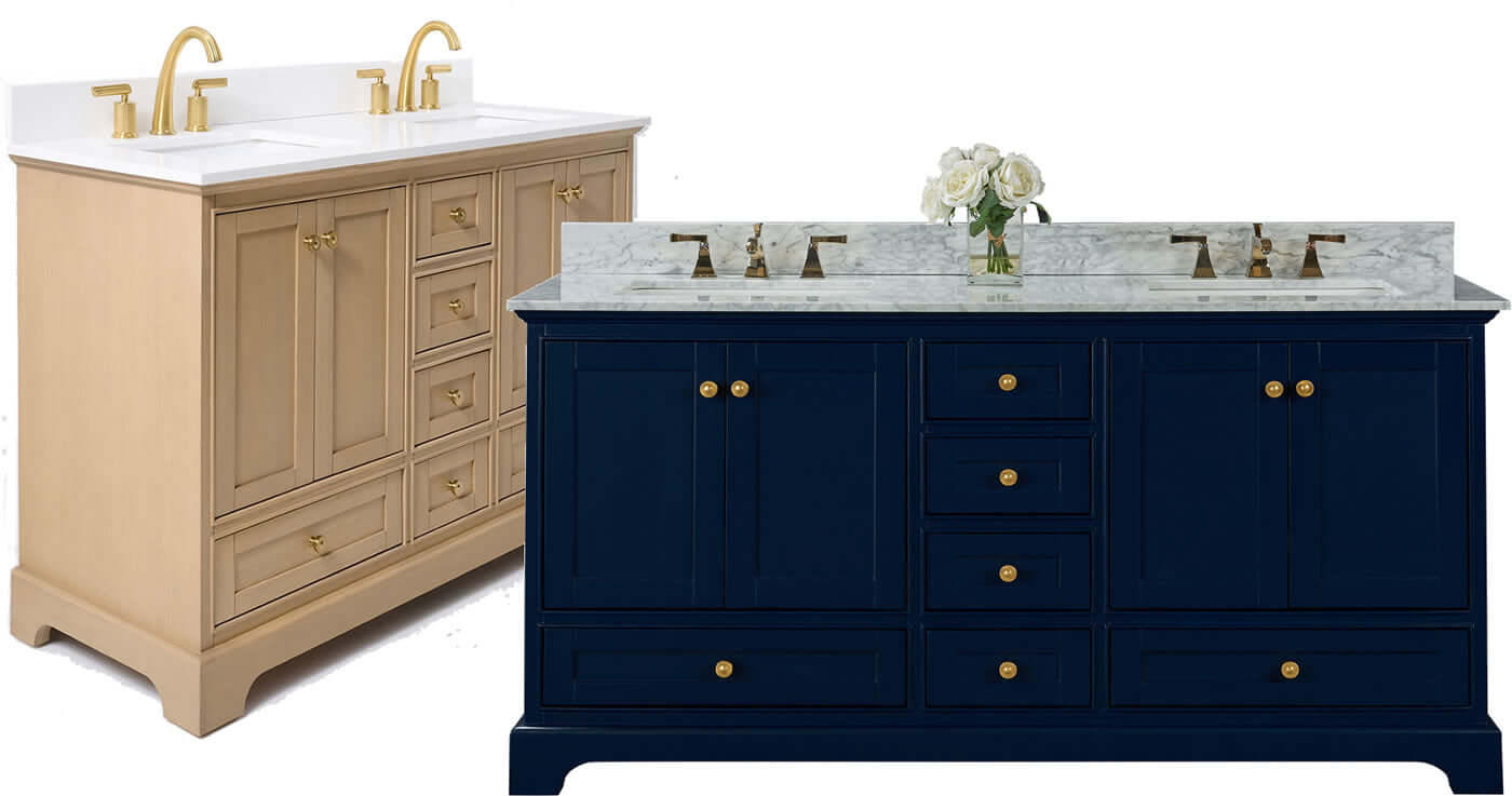 Audrey 60" & 66" Blue or Oak Solid Wood Vanities - Marble or Quartz Tops, Gold or Nickel Hardware - by Ancerre Design
