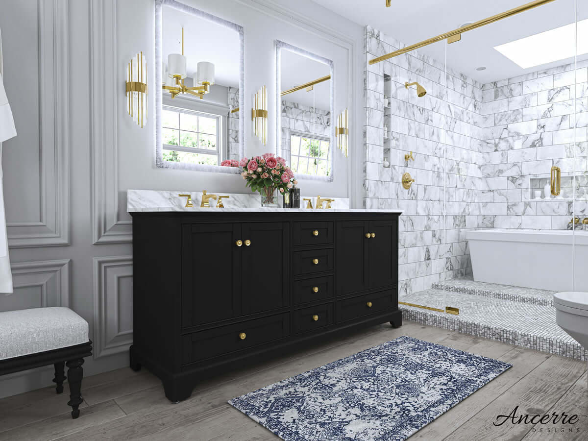 Audrey 72" Black, White, or Blue Solid Wood Vanities - Carrara Marble Tops, Gold Hardware - by Ancerre Design