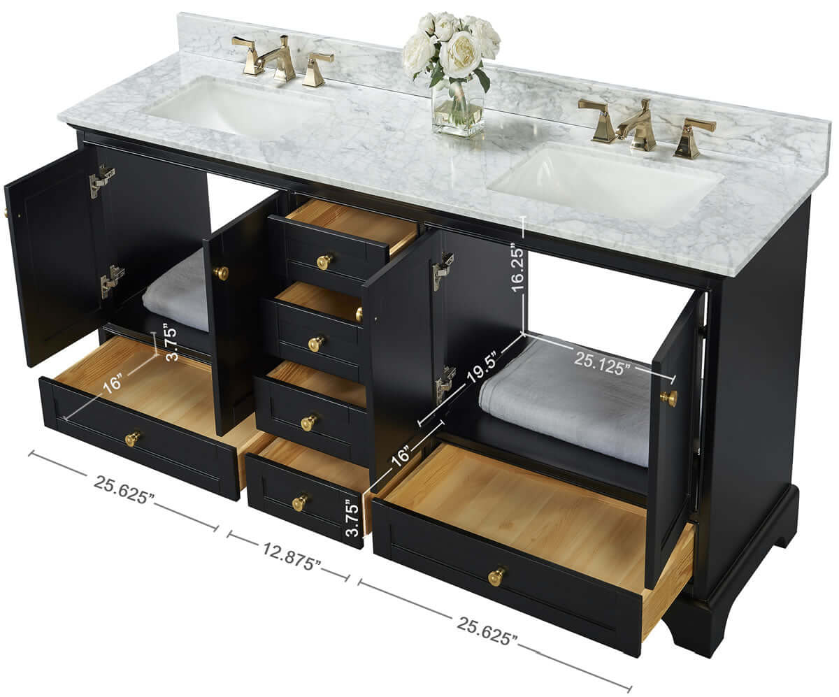 Audrey 72" Black, White, or Blue Solid Wood Vanities - Carrara Marble Tops, Gold Hardware - by Ancerre Design
