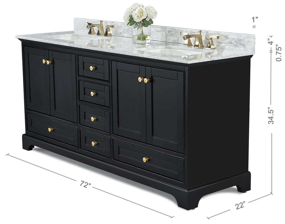 Audrey 72" Black, White, or Blue Solid Wood Vanities - Carrara Marble Tops, Gold Hardware - by Ancerre Design