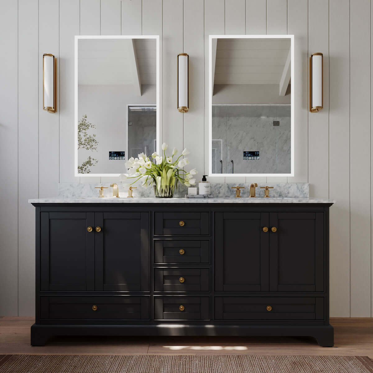Audrey 72" Black, White, or Blue Solid Wood Vanities - Carrara Marble Tops, Gold Hardware - by Ancerre Design