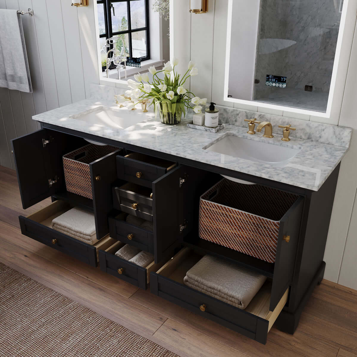 Audrey 72" Black, White, or Blue Solid Wood Vanities - Carrara Marble Tops, Gold Hardware - by Ancerre Design