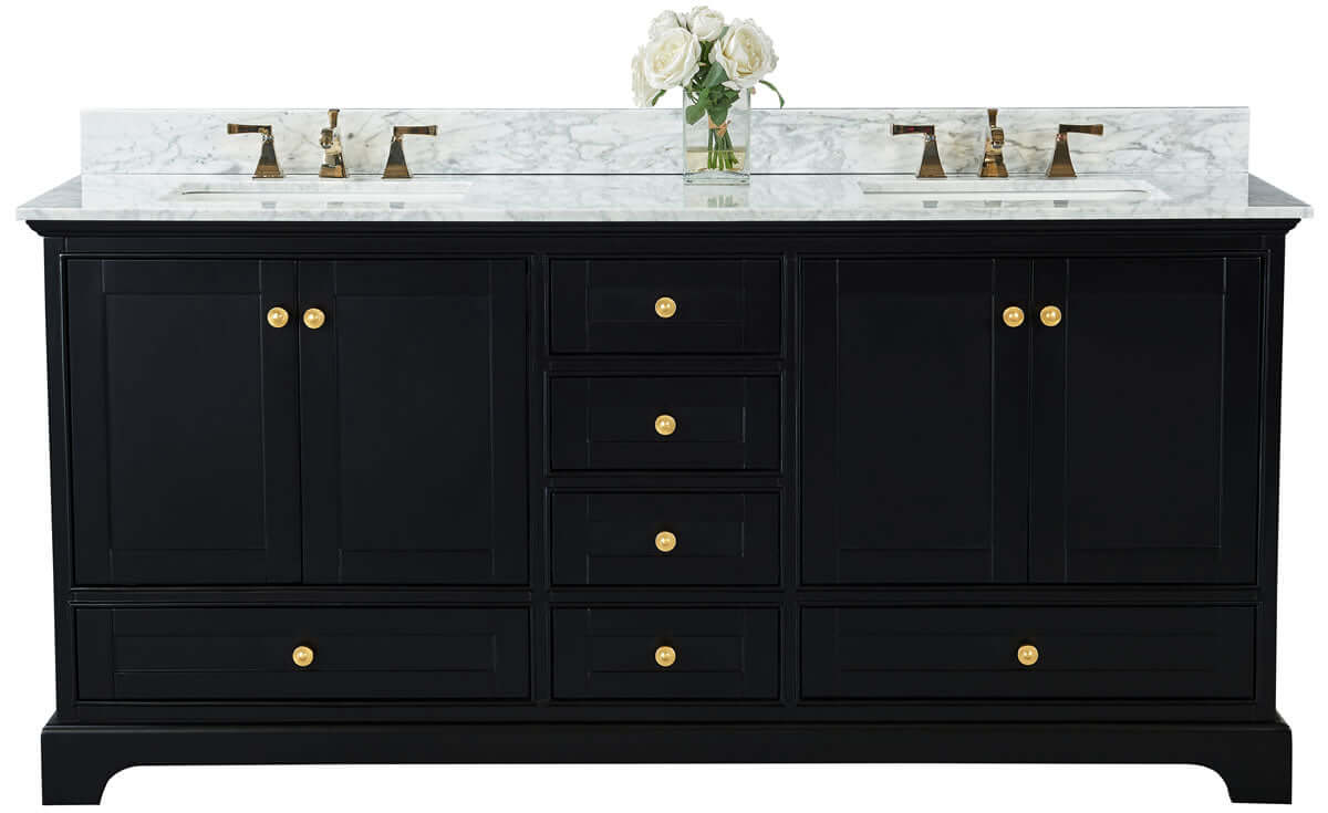 Audrey 72" Black, White, or Blue Solid Wood Vanities - Carrara Marble Tops, Gold Hardware - by Ancerre Design
