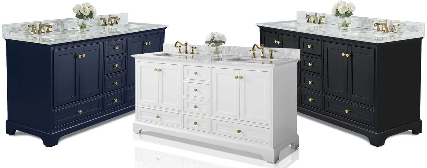Audrey 72" Black, White, or Blue Solid Wood Vanities - Carrara Marble Tops, Gold Hardware - by Ancerre Design