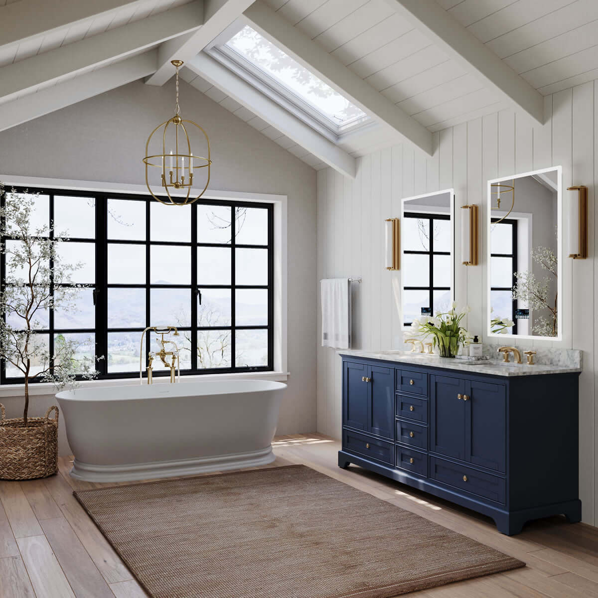 Audrey 72" Black, White, or Blue Solid Wood Vanities - Carrara Marble Tops, Gold Hardware - by Ancerre Design