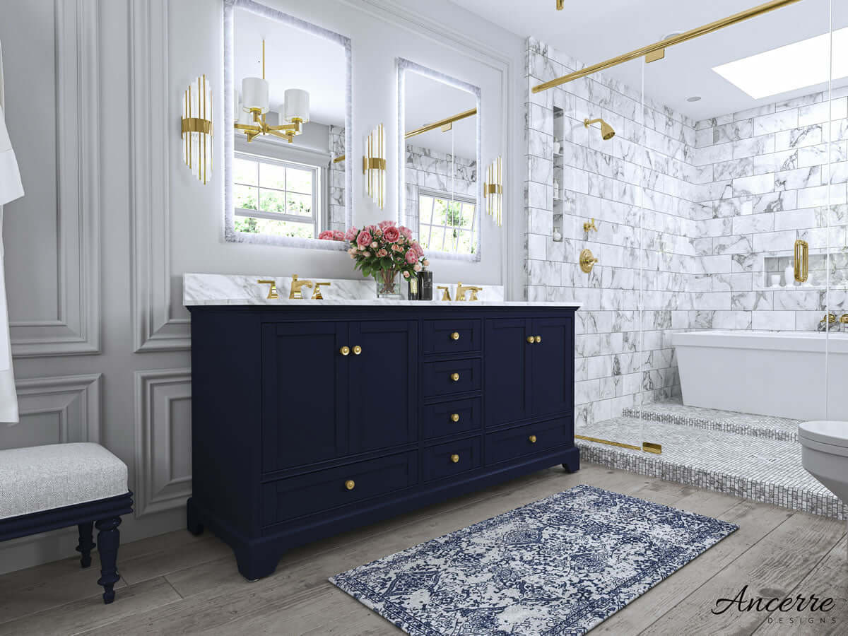 Audrey 72" Black, White, or Blue Solid Wood Vanities - Carrara Marble Tops, Gold Hardware - by Ancerre Design