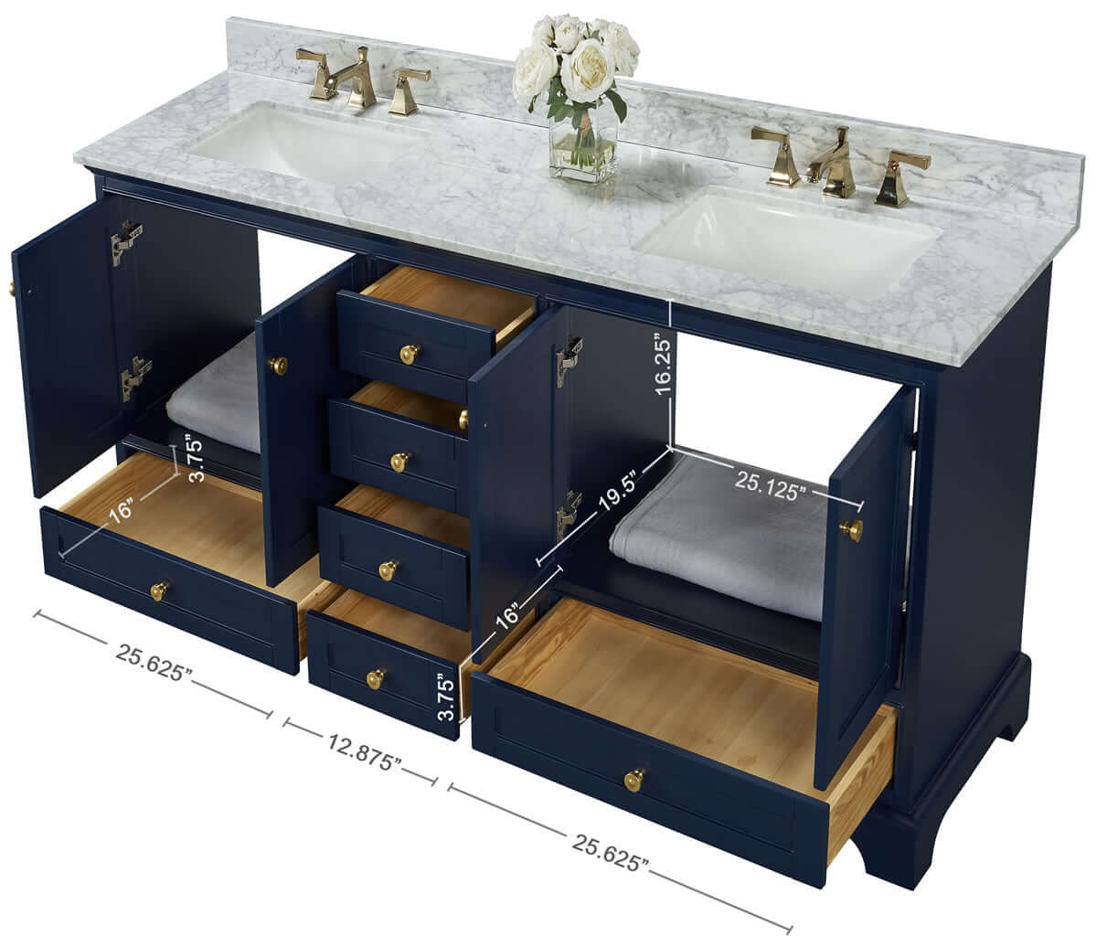 Audrey 72" Black, White, or Blue Solid Wood Vanities - Carrara Marble Tops, Gold Hardware - by Ancerre Design