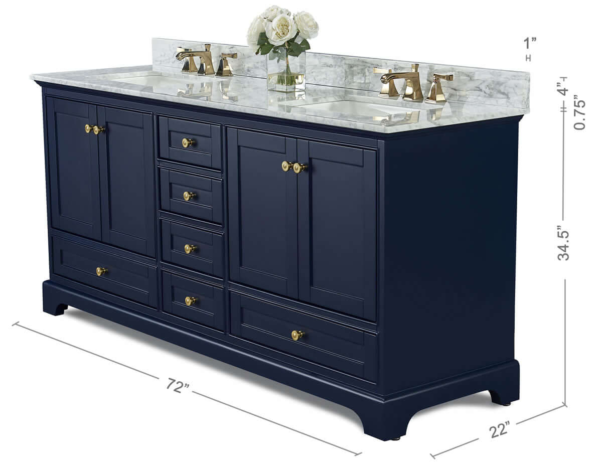 Audrey 72" Black, White, or Blue Solid Wood Vanities - Carrara Marble Tops, Gold Hardware - by Ancerre Design