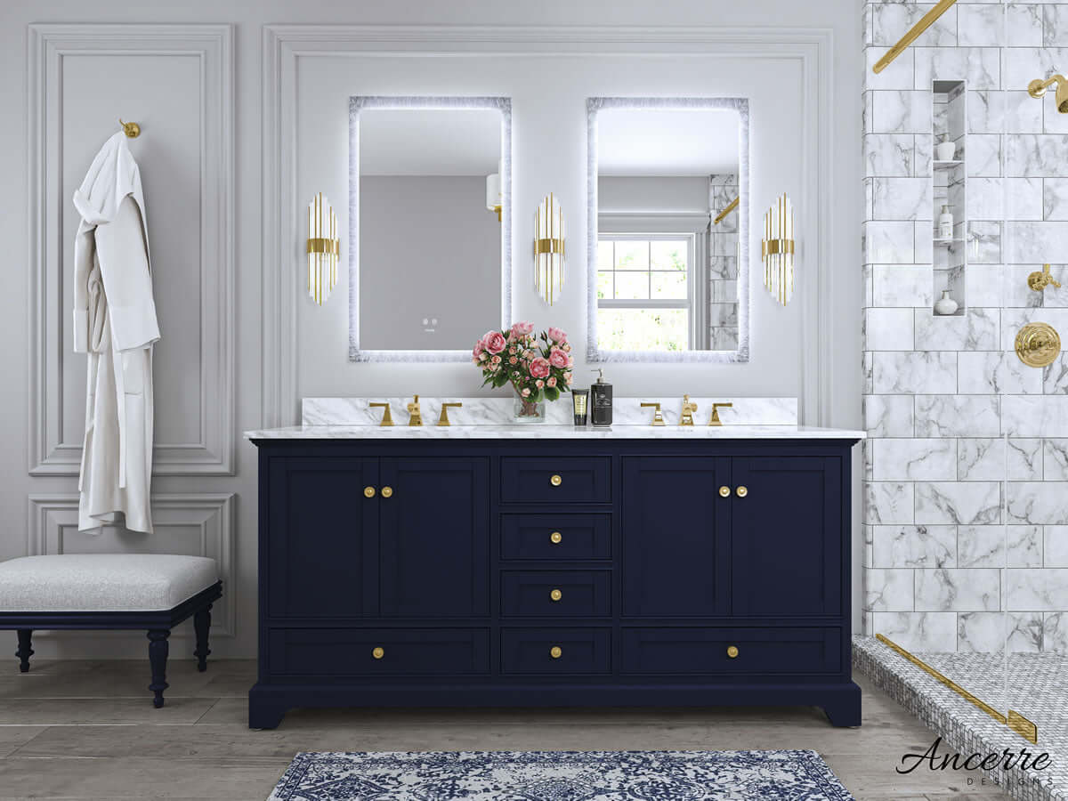 Audrey 72" Black, White, or Blue Solid Wood Vanities - Carrara Marble Tops, Gold Hardware - by Ancerre Design