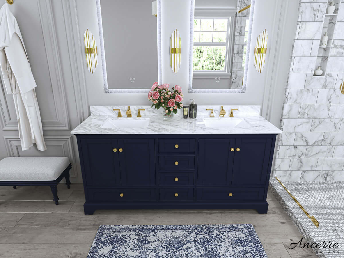Audrey 72" Black, White, or Blue Solid Wood Vanities - Carrara Marble Tops, Gold Hardware - by Ancerre Design