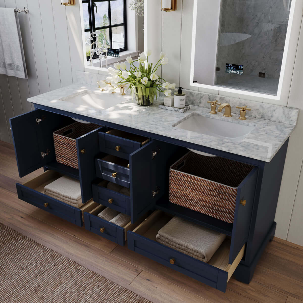 Audrey 72" Black, White, or Blue Solid Wood Vanities - Carrara Marble Tops, Gold Hardware - by Ancerre Design