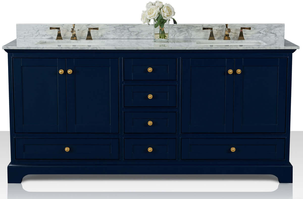 Audrey 72" Black, White, or Blue Solid Wood Vanities - Carrara Marble Tops, Gold Hardware - by Ancerre Design