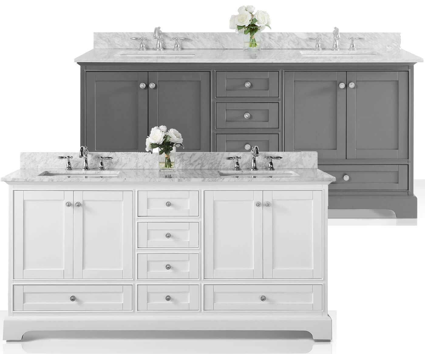 Audrey 72" White or Grey Solid Wood Vanities - Carrara Marble Tops, Gold Hardware - by Ancerre Design