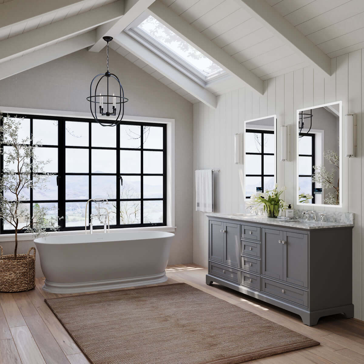 Audrey 72" White or Grey Solid Wood Vanities - Carrara Marble Tops, Gold Hardware - by Ancerre Design