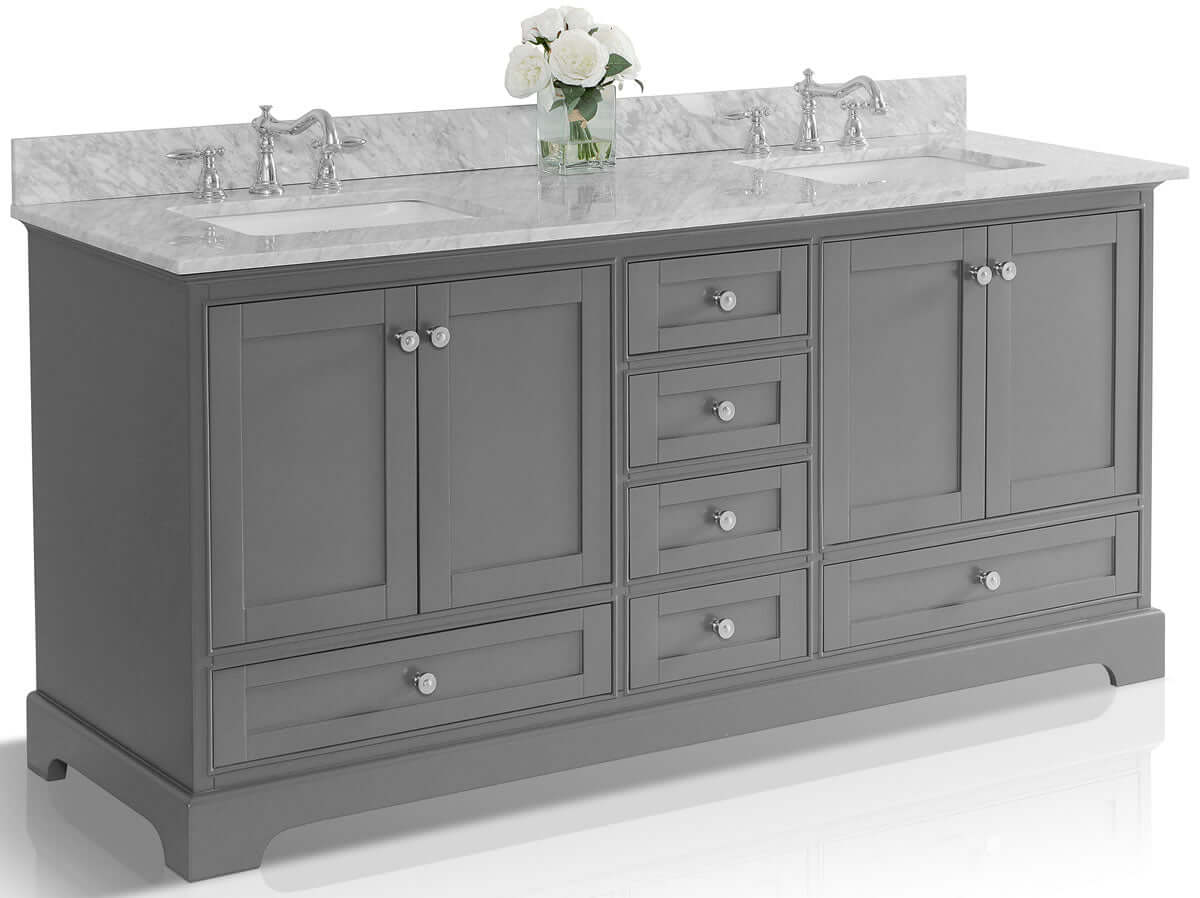 Audrey 72" White or Grey Solid Wood Vanities - Carrara Marble Tops, Gold Hardware - by Ancerre Design