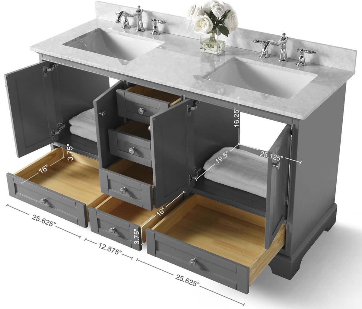 Audrey 72" White or Grey Solid Wood Vanities - Carrara Marble Tops, Gold Hardware - by Ancerre Design