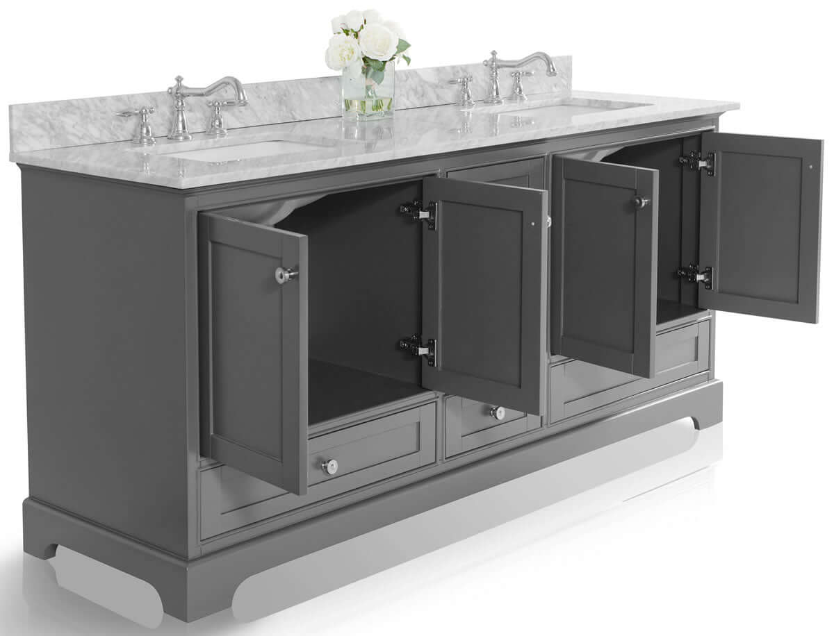 Audrey 72" White or Grey Solid Wood Vanities - Carrara Marble Tops, Gold Hardware - by Ancerre Design