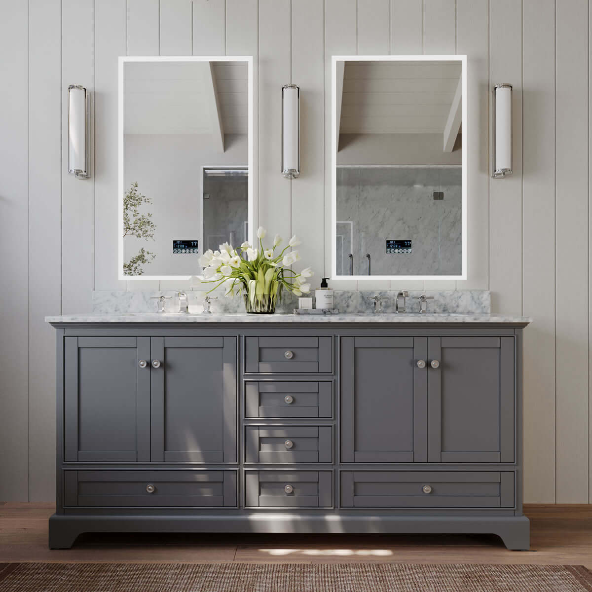 Audrey 72" White or Grey Solid Wood Vanities - Carrara Marble Tops, Gold Hardware - by Ancerre Design