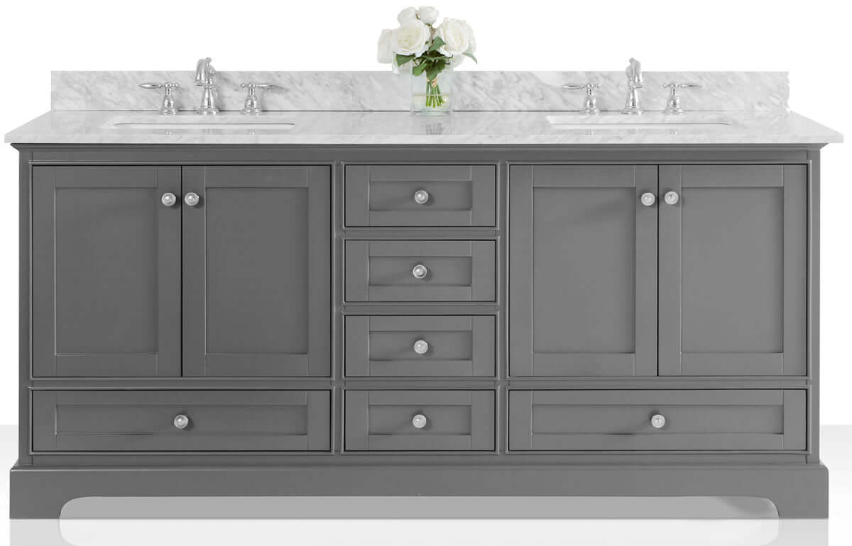 Audrey 72" White or Grey Solid Wood Vanities - Carrara Marble Tops, Gold Hardware - by Ancerre Design