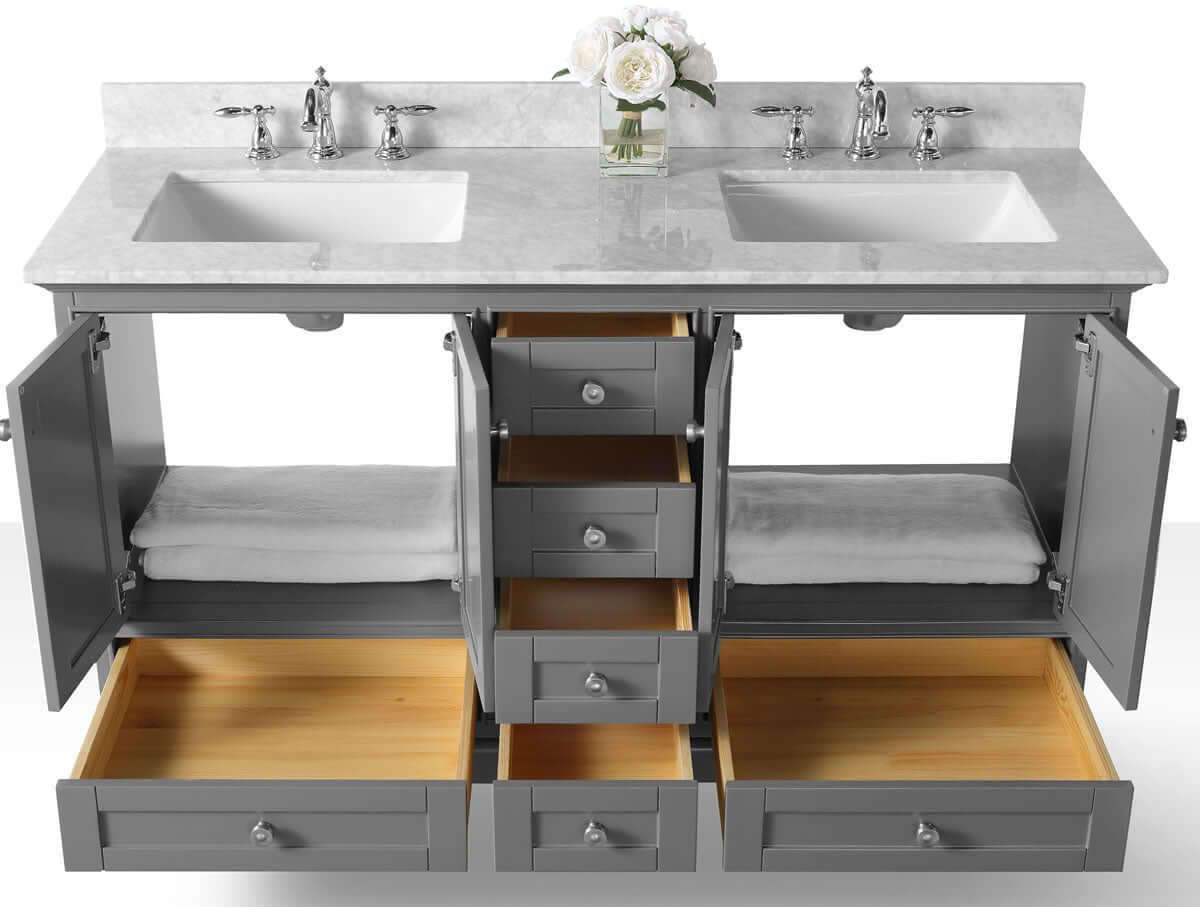 Audrey 72" White or Grey Solid Wood Vanities - Carrara Marble Tops, Gold Hardware - by Ancerre Design